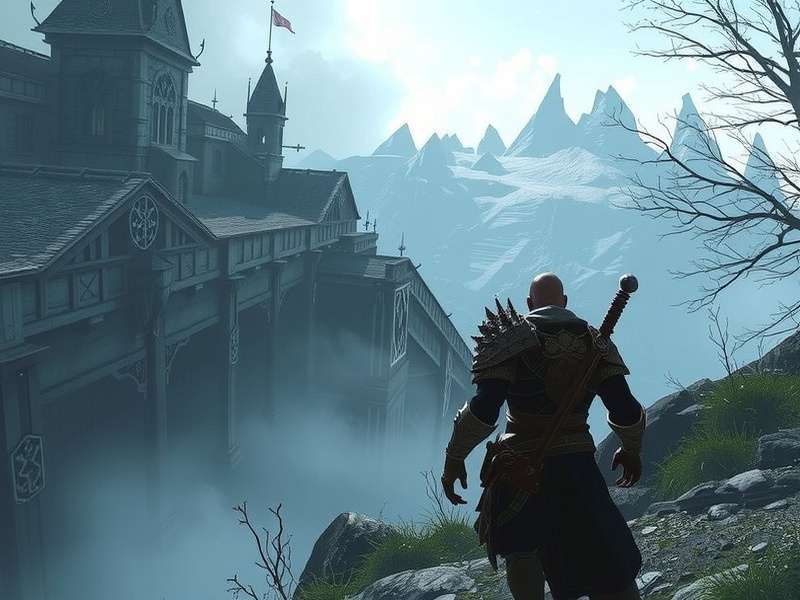 Knight in ornate armor standing in a foggy landscape