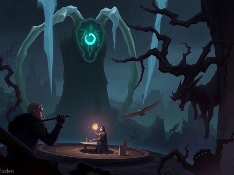 A breathtaking view of the Lands Between under a starry night sky, with the Erdtree glowing faintly in the distance