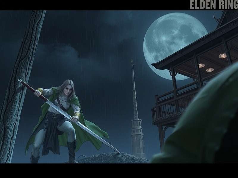 Elden Ring Night Rain scene in Liurnia of the Lakes with a character standing under moonlight rain
