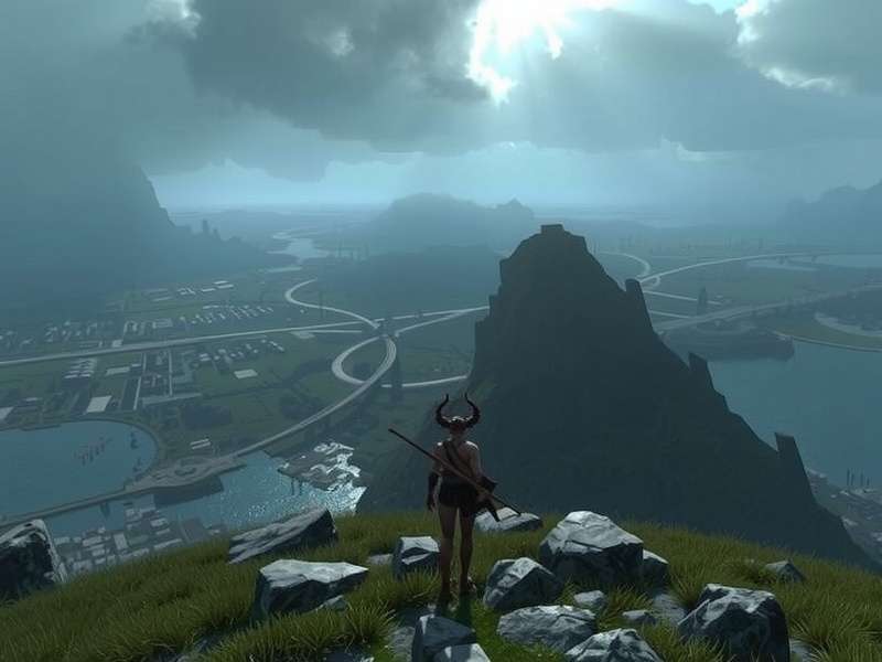 Panoramic view of the Lands Between from a high cliff, showing the Erdtree in the distance