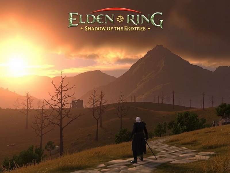 Elden Ring Shadow of the Erdtree – the Erdtree glows beneath a dark amber sky, surrounded by ancient ruins and golden leaves